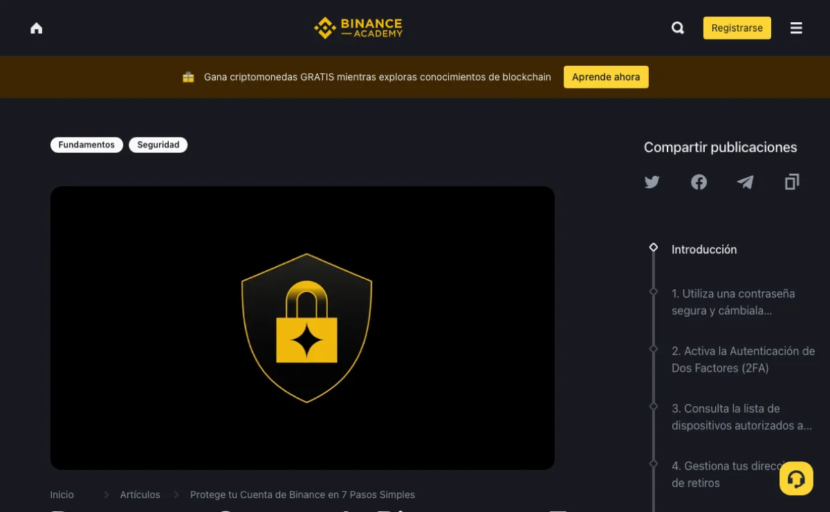 Guía de Binance Academy en español «Protege tu Cuenta de Binance en 7 Pasos Simples», con el índice lateral donde el punto 3 dice «Consulta la lista de dispositivos autorizados a…»
