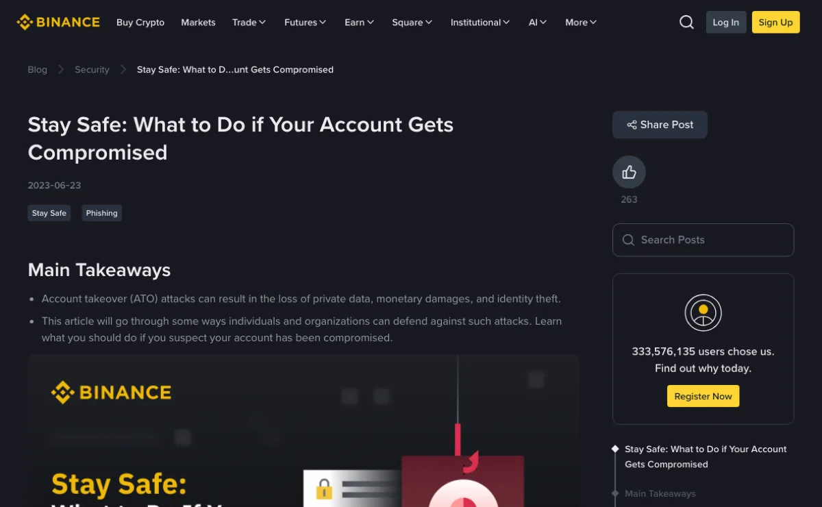 Top of the Binance blog post Stay Safe: What to Do if Your Account Gets Compromised, with the date 2023-06-23 under the title