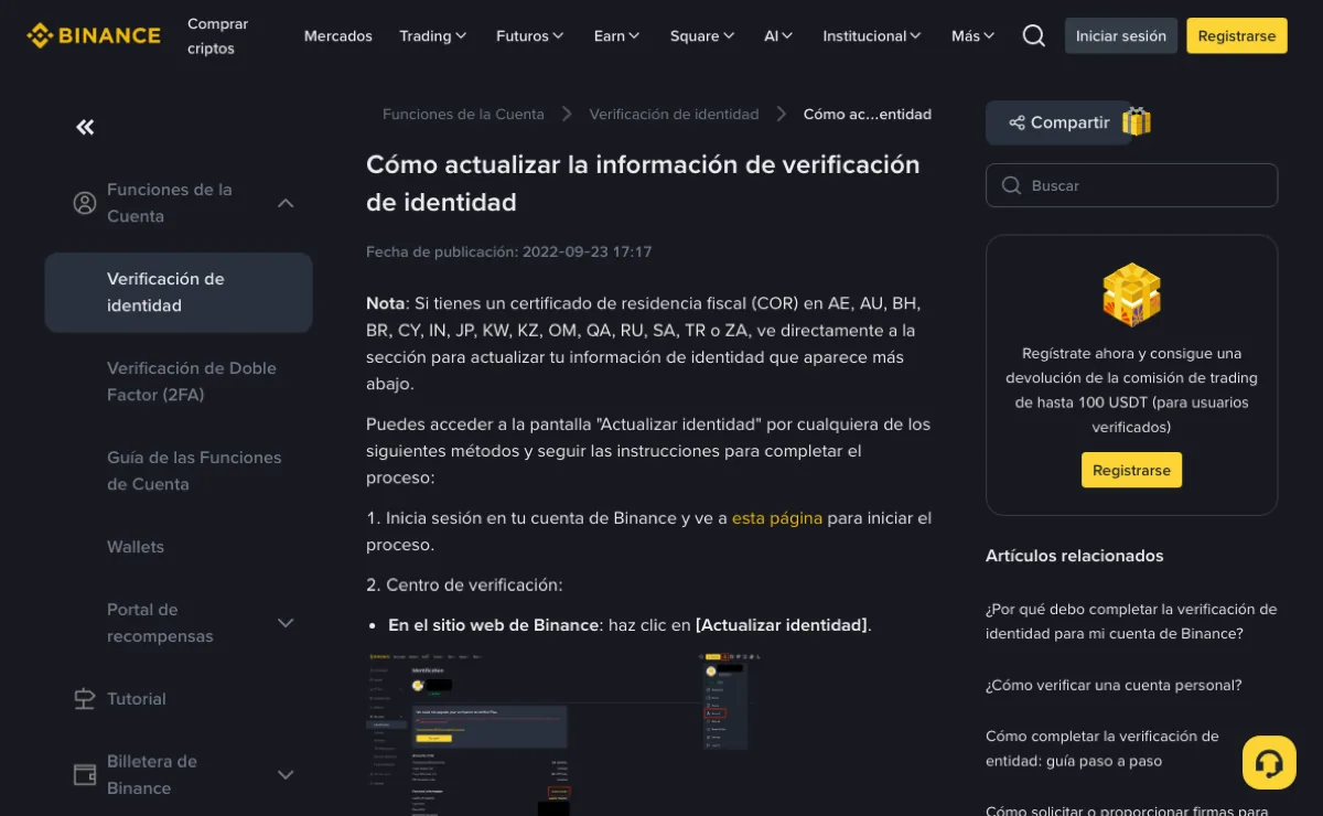 Página de ayuda de Binance en español «Cómo actualizar la información de verificación de identidad», con fecha de publicación 2022-09-23 y el apartado del Centro de verificación que nombra el botón [Actualizar identidad]