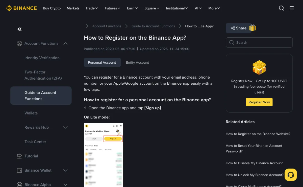 Página del Centro de ayuda de Binance en inglés «How to Register on the Binance App?», cuyo primer párrafo dice que puedes registrarte con tu correo electrónico, tu número de teléfono o tu cuenta de Apple o Google