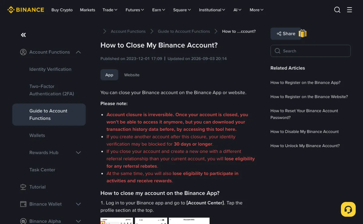 Binance help article How to Close My Binance Account?, with a Please note list in red saying closure is irreversible and that identity verification on a new account may be blocked for 30 days or longer, updated 2026-09-03