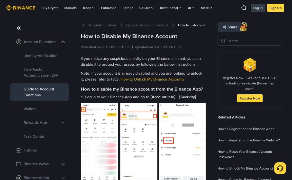 Binance help centre page How to Disable My Binance Account, showing the update date 2025-11-24 and the first app step, Account Info then Security