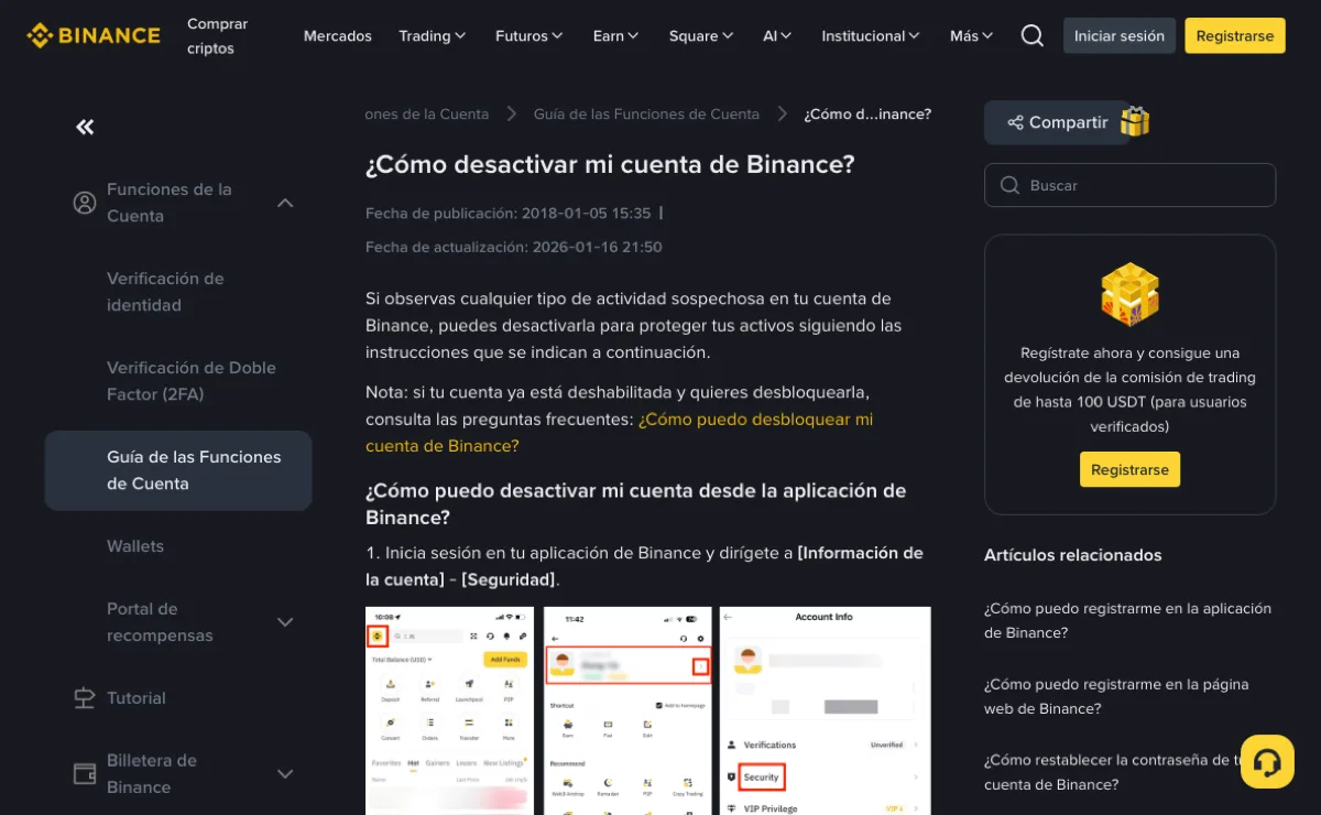 Página de ayuda de Binance en español «¿Cómo desactivar mi cuenta de Binance?», con fecha de actualización 2026-01-16 y el primer paso en la aplicación: [Información de la cuenta] - [Seguridad], con Security marcado en rojo
