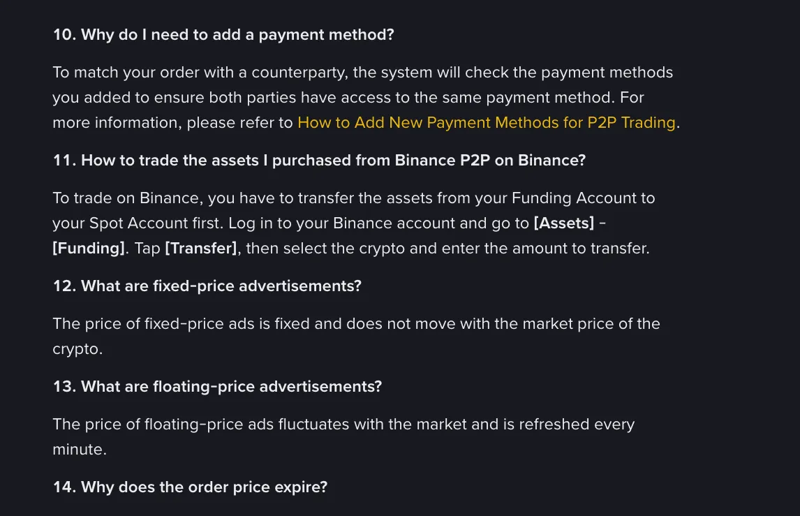 Item 11 of Binance’s English Help Center P2P glossary, listing the steps to transfer assets from the Funding account to the Spot account