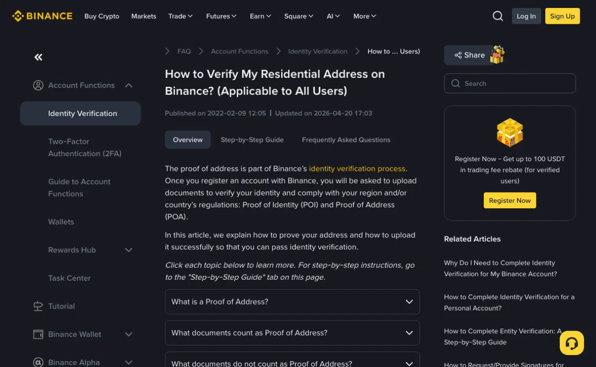 Binance help centre page titled How to Verify My Residential Address on Binance, with three collapsed questions about what a proof of address is and which documents do and do not count