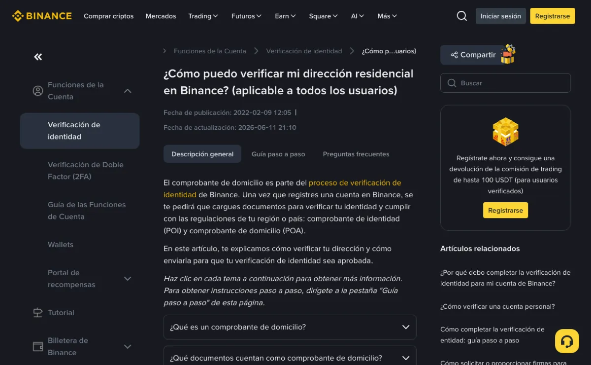 Página de ayuda de Binance en español sobre cómo verificar la dirección residencial, con los apartados qué es un comprobante de domicilio y qué documentos cuentan