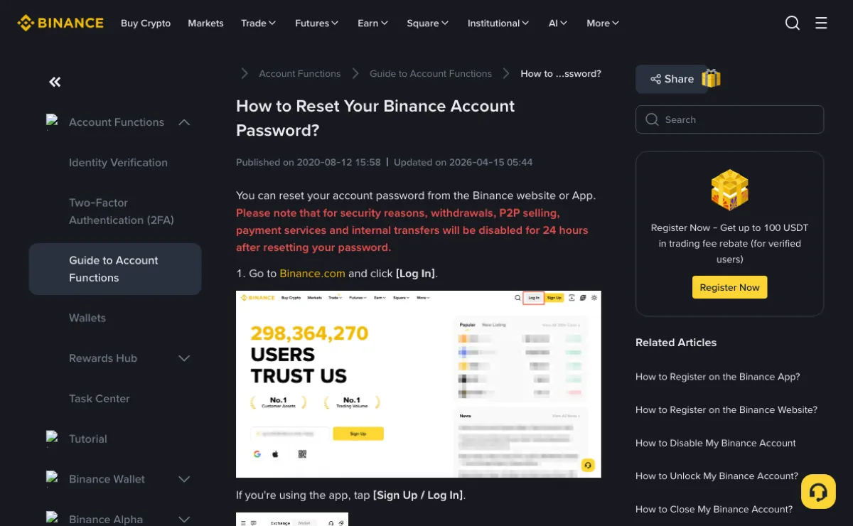 Binance help article How to Reset Your Binance Account Password?, with red text at the top saying withdrawals, P2P selling, payment services and internal transfers will be disabled for 24 hours after a reset, updated 2026-04-15