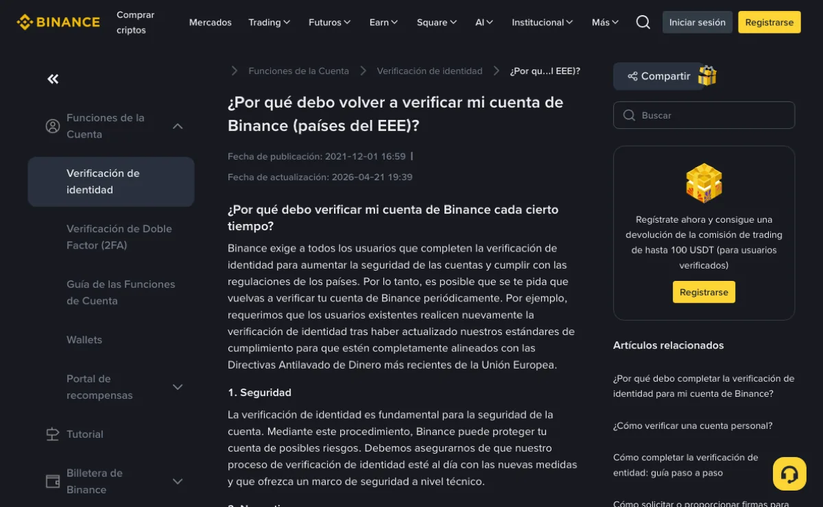 Página de ayuda de Binance en español «¿Por qué debo volver a verificar mi cuenta de Binance (países del EEE)?», con fecha de publicación 2021-12-01 y fecha de actualización 2026-04-21