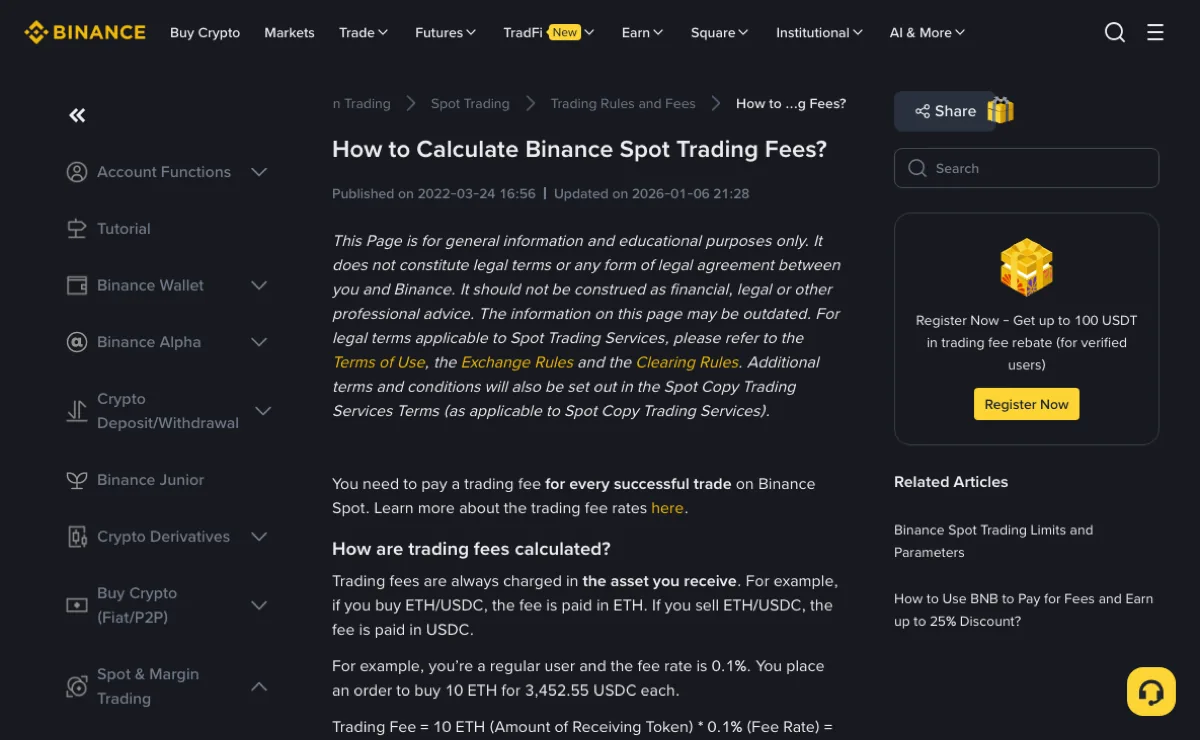 Binance Support FAQ page “How to Calculate Binance Spot Trading Fees?” stating that trading fees are always charged in the asset you receive, with a regular-user example of buying 10 ETH at a 0.1% fee rate