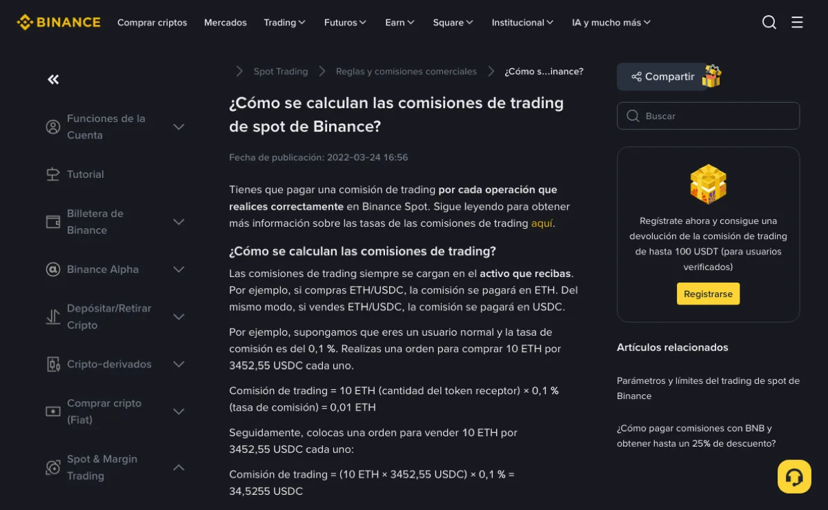 Guía en español del Centro de Ayuda de Binance sobre cómo se calculan las comisiones de trading spot, con la frase de que la comisión se carga en el activo que recibes y un ejemplo de compra de 10 ETH al 0,1%
