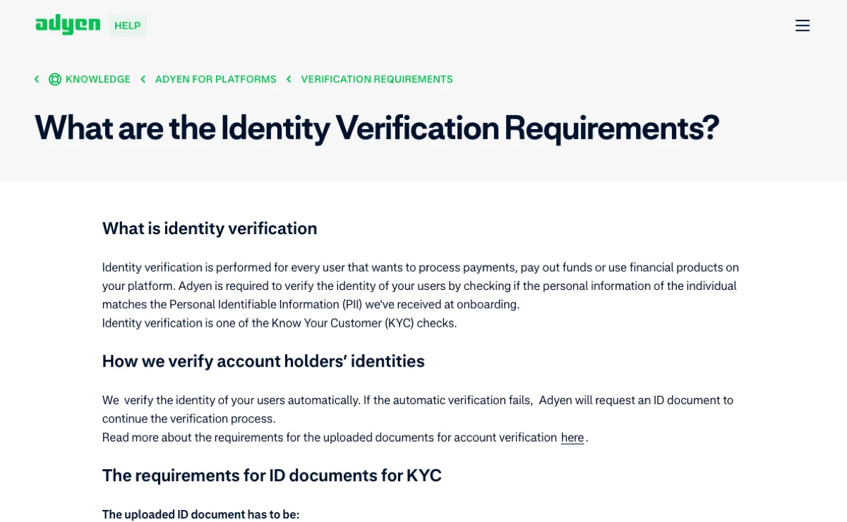 Adyen’s English help page showing the identity verification title and the ID document requirements section