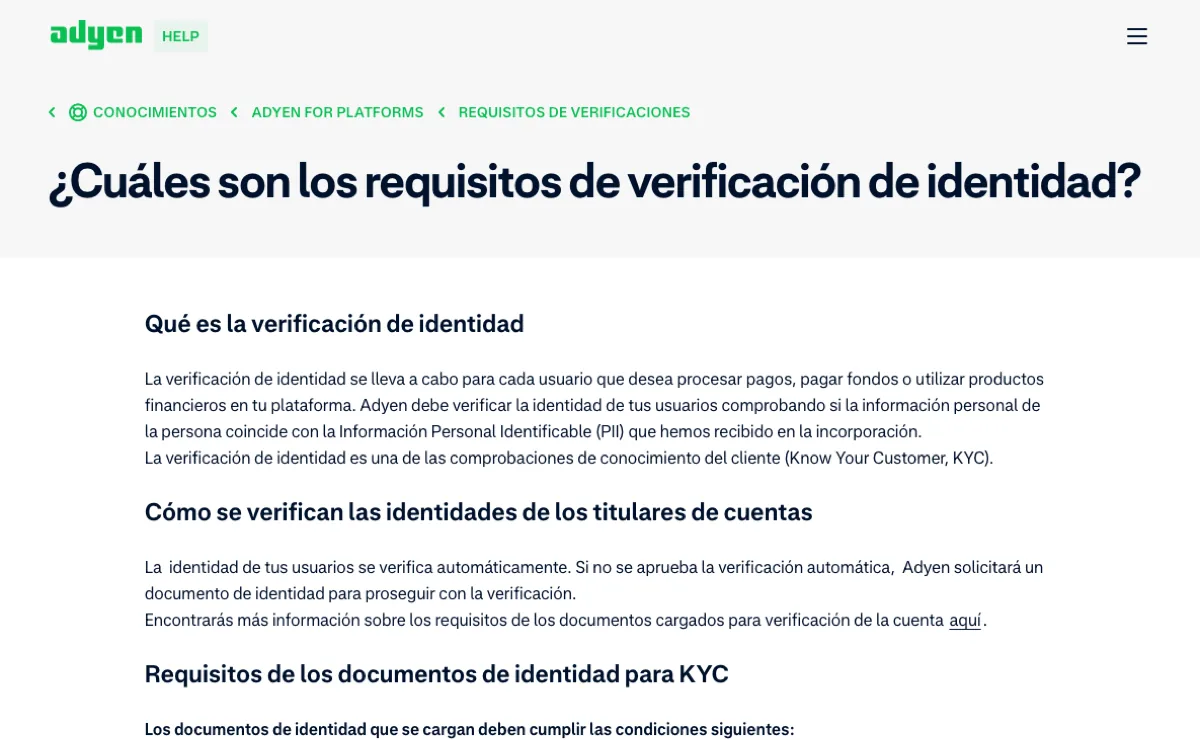 Ayuda de Adyen en español: explicación de la verificación de identidad y comienzo de los requisitos para documentos KYC