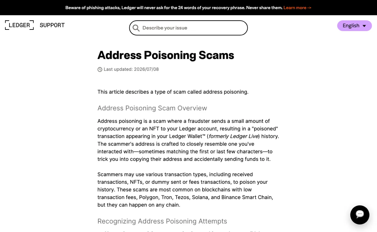 Ledger Support page titled Address Poisoning Scams, last updated 2026/07/08, showing the overview that lists received transactions, NFTs and dummy sent or fees transactions