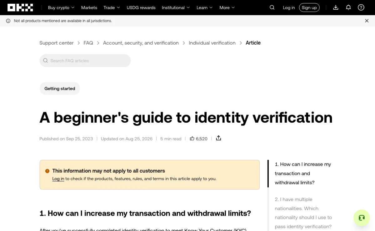 OKX support page titled A beginner's guide to identity verification, with the first question in the list asking how to increase transaction and withdrawal limits