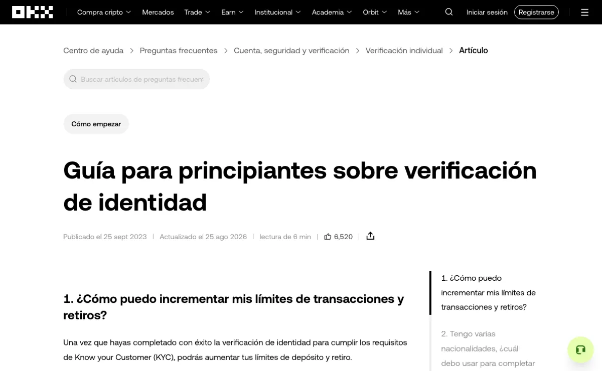 Guía para principiantes sobre verificación de identidad de OKX en español para Latinoamérica, abierta en la pregunta «¿Cómo puedo incrementar mis límites de transacciones y retiros?»