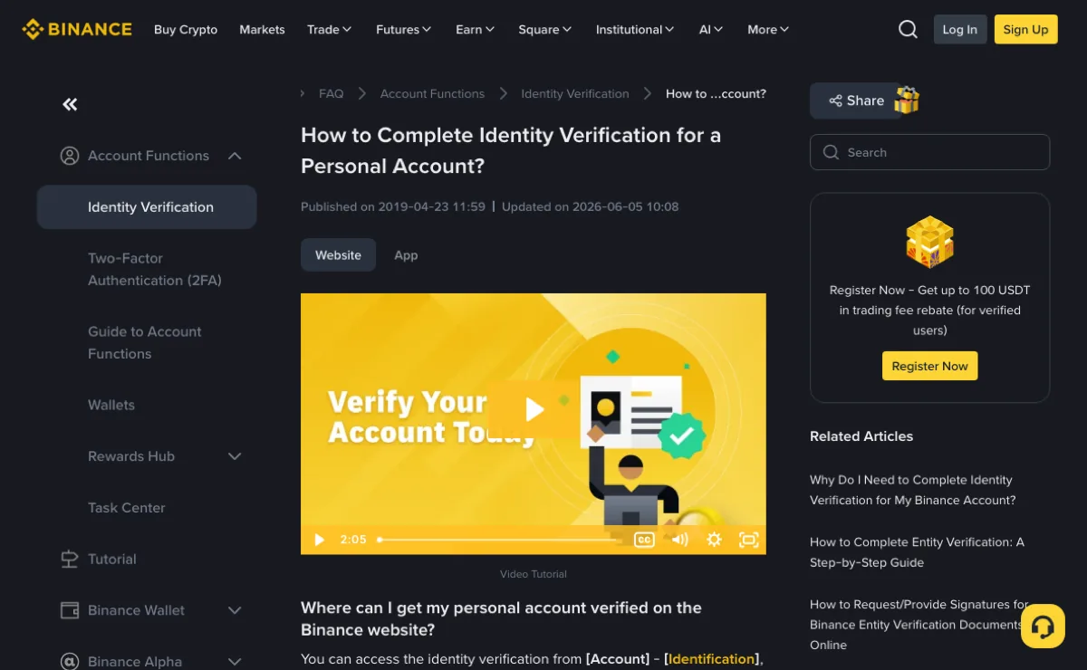 Binance help centre page titled How to Complete Identity Verification for a Personal Account, stating that the identification page shows your current verification level and determines your trading limit